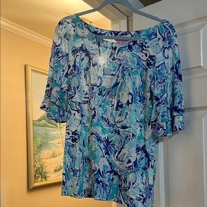 Women’s Blue Tropical Print Flutter Sleeve Top